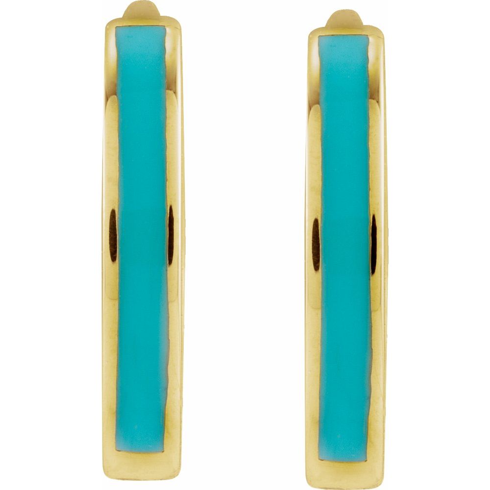 14K Solid Yellow Gold 12 mm Hinged Turquoise Enamel Huggie Earrings