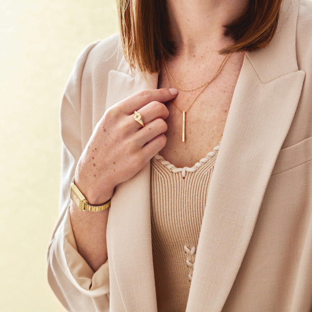 Woman Wearing Engravable Four-Sided Vertical Bar