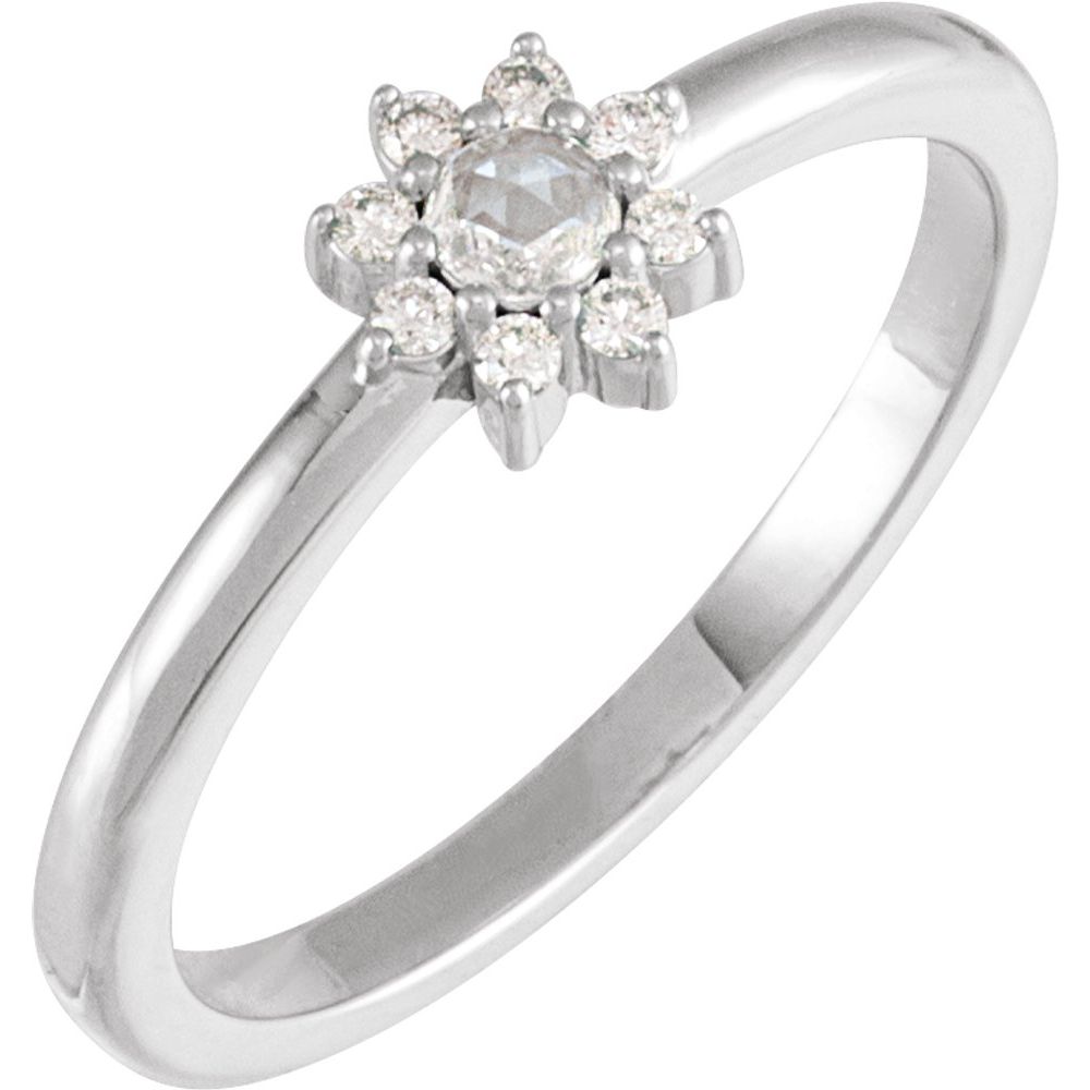 14K White 1/6 CTW Rose-Cut Natural Diamond & Faceted Natural Diamond Halo-Style Ring