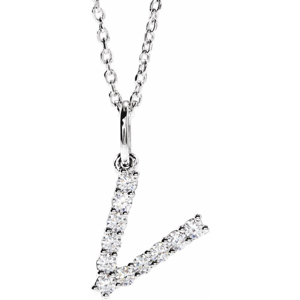 14K White 1/5 CTW Lab-Grown Diamond Initial V 16-18" Necklace