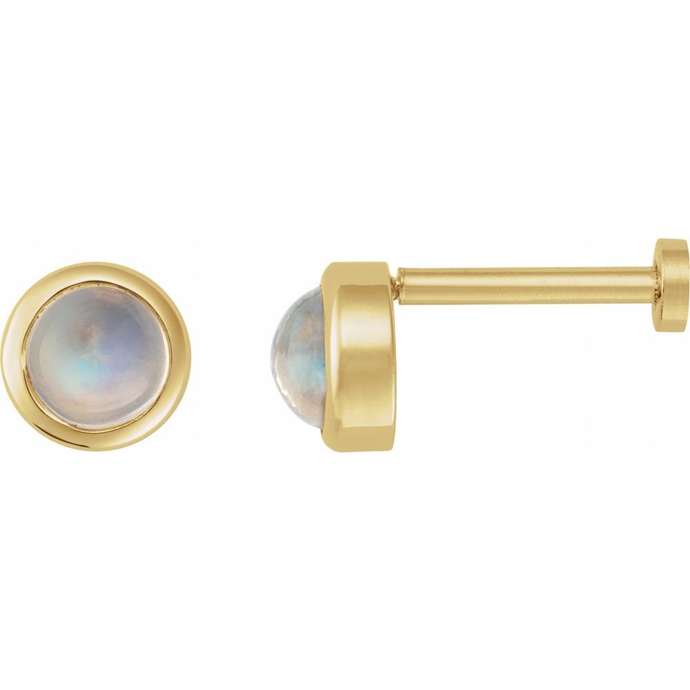 14K Yellow Cabochon Natural Rainbow Moonstone Press Fit Back Stud Earring