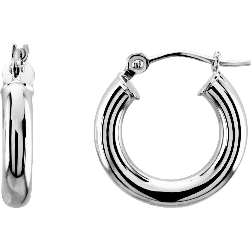 14K White 15 mm Tube Hoop Earrings