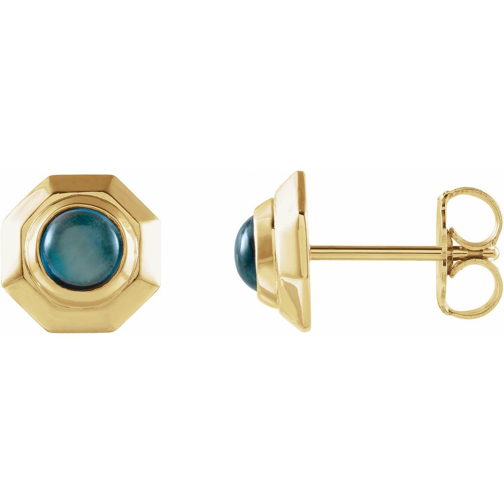 14K Yellow Natural London Blue Topaz Geometric Cabochon Earrings