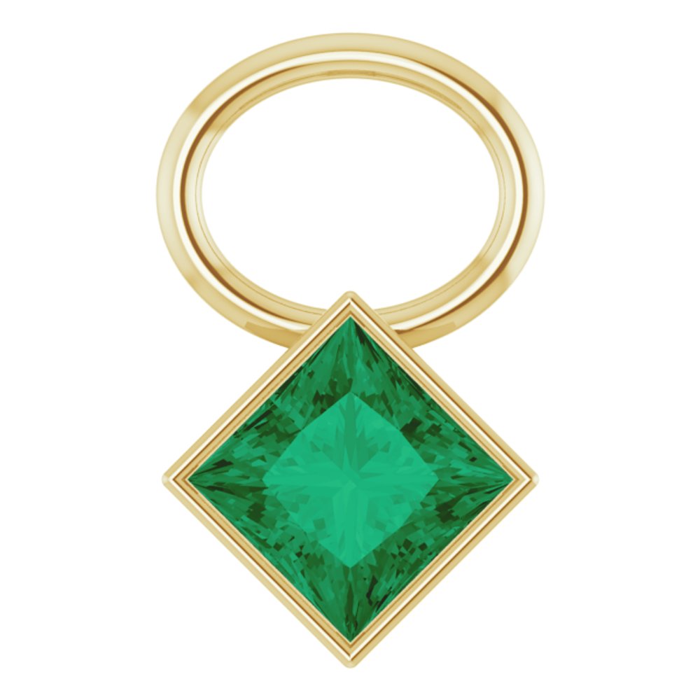 14K Yellow Lab-Grown Emerald Square Bezel-Set Hoop Dangle