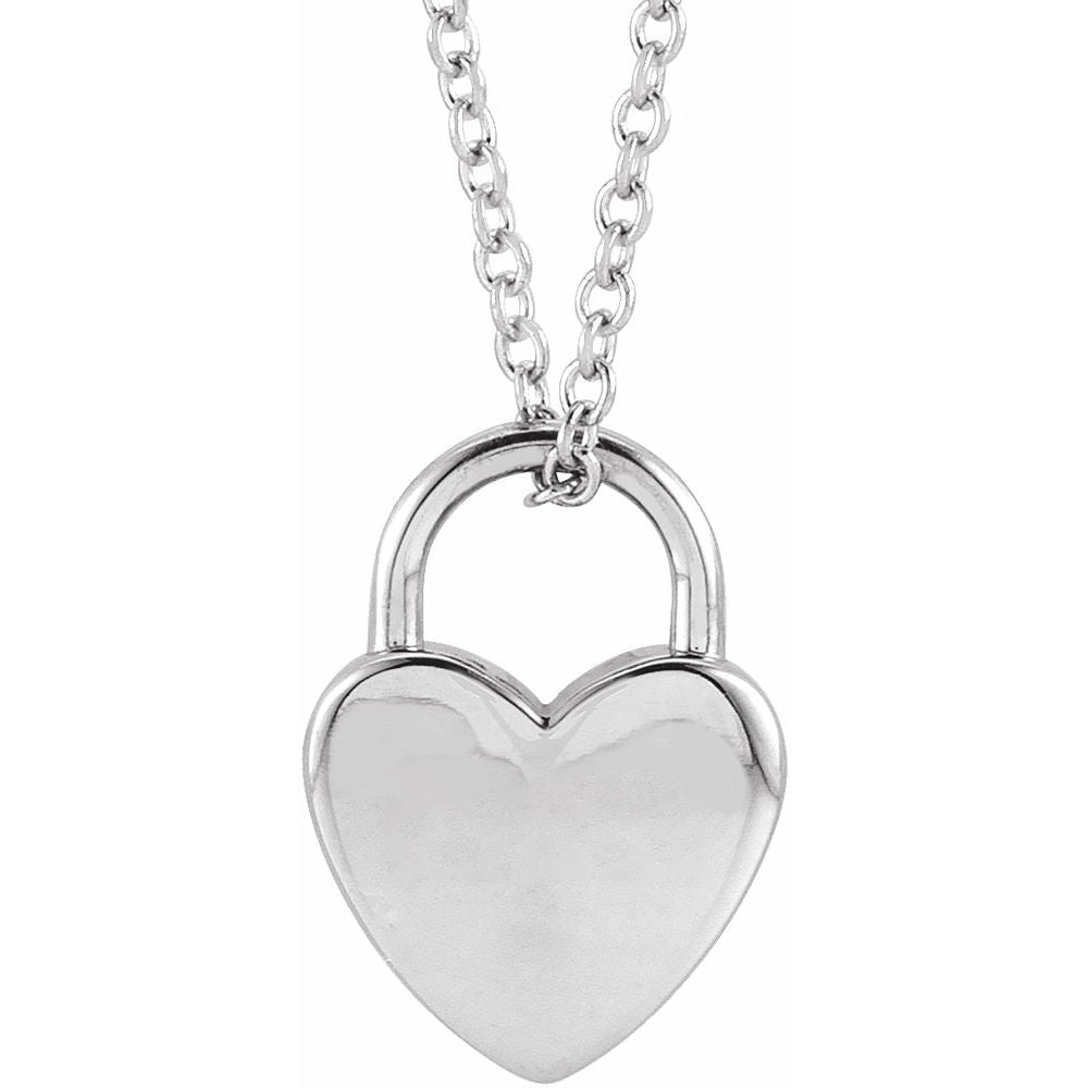 14K White Engravable Heart Lock 16-18" Necklace