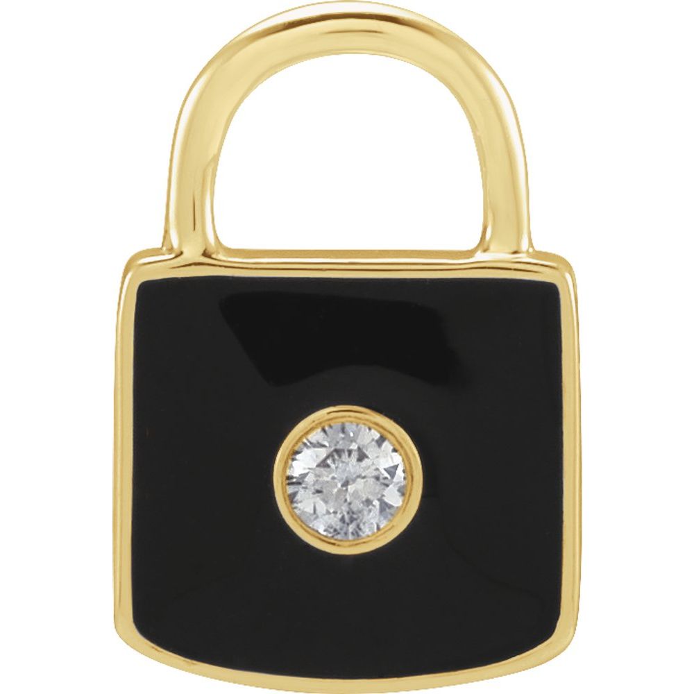 14K Yellow .035 CT Natural  Diamond & Black Enamel Lock Charm/Pendant